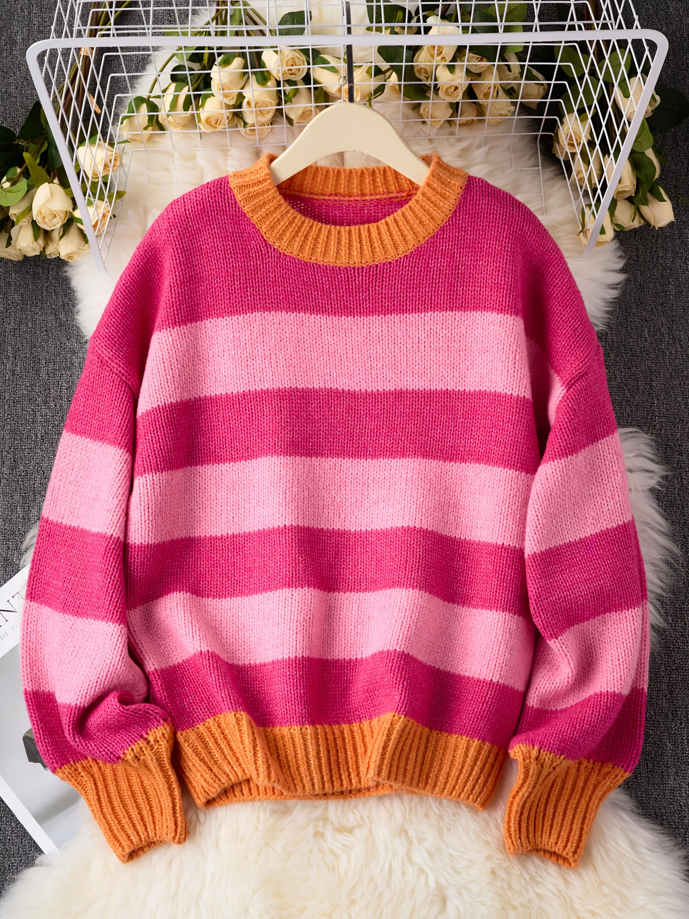 Sonbahar kış çizgili yuvarlak yaka örme kazak bol kesim renk bloklu rahat triko