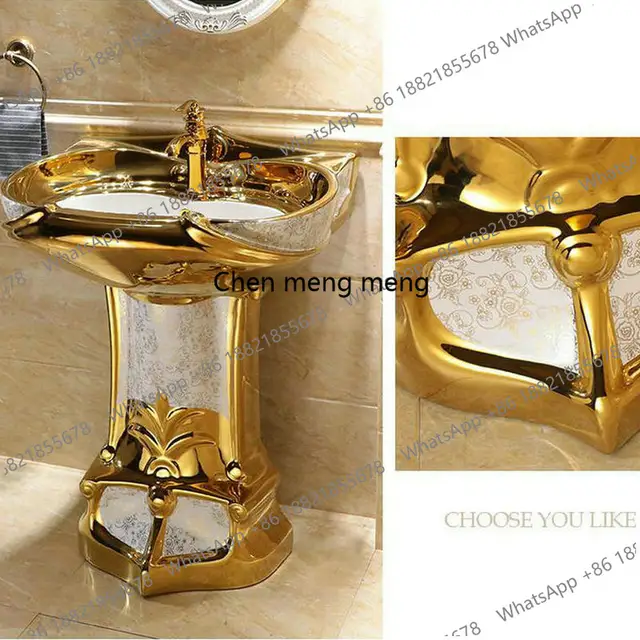 อ่างล้างหน้าเซรามิกแบบตั้งพื้นสำหรับตกแต่งบ้านสไตล์โมเดิร์นหรูหราสีทอง พร้อมขาตั้ง สำหรับปรับปรุงบ้าน 5