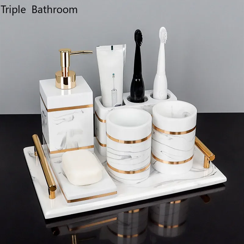 Bathroom Accessories Set Nordic Natural Resin Lotion Bottle Mouth Cup Soap Dish Toothbrush Holder Tissue Box Cotton Swab Box Tray Washing Tools Set