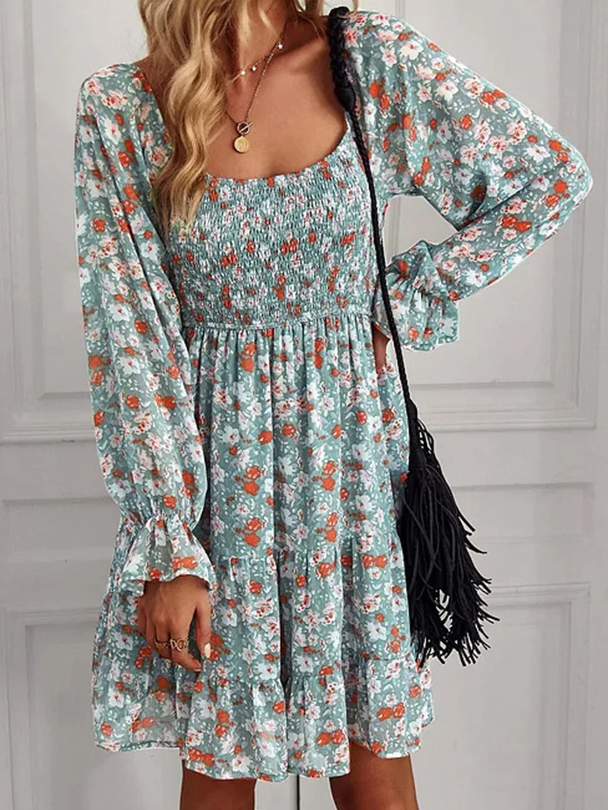 

Ditsy Floral Smocked Puff Sleeve Mini Dress 2023 Sexy Elegant Vintage Print Long Sleeve Loose Dress Women Club Party Mini Dress