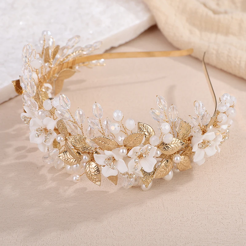 Bridal Hair Accessories Flower Leaf Diamonds Bridal Crown Pearl Crystal Wedding Headband for Women