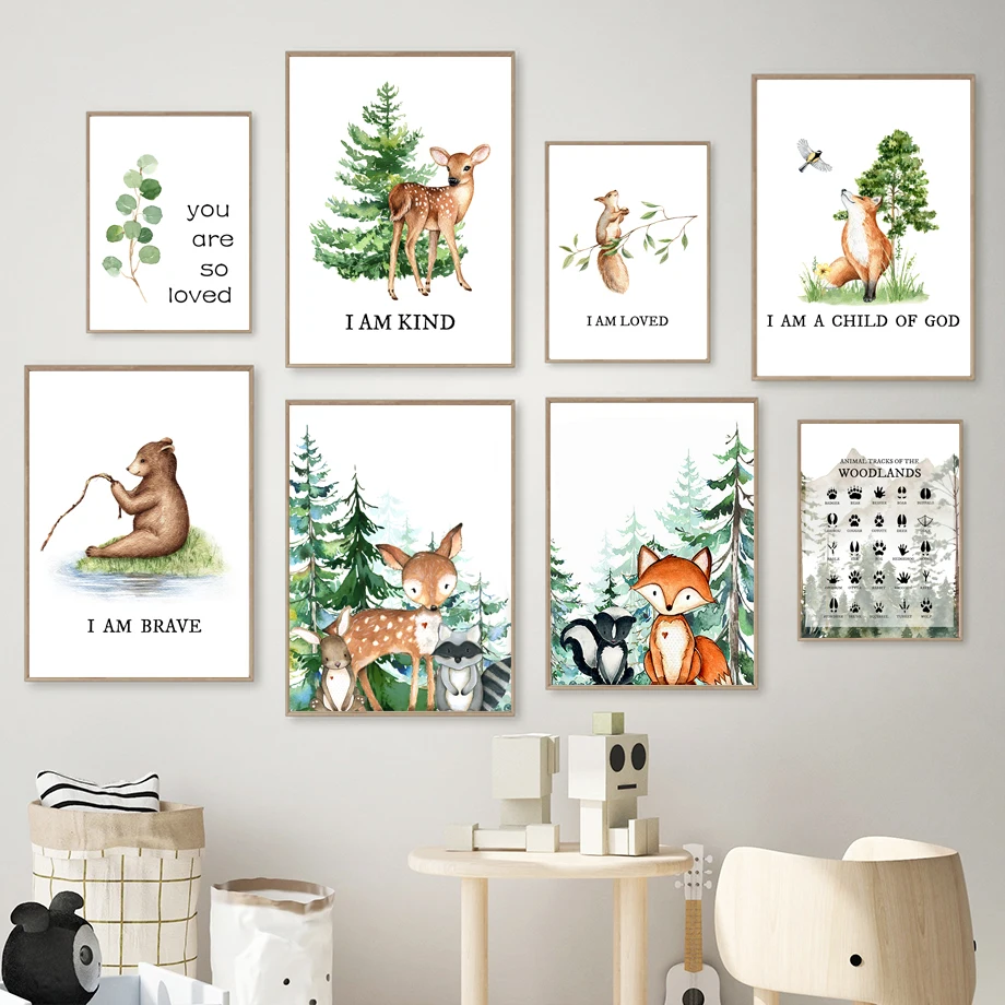 

Deer Fox Bear Squirrel Raccoon Bunny Leaf Forest Nordic Poster And Prints Wall Art Canvas Painting Wall Pictures Kids Room Decor