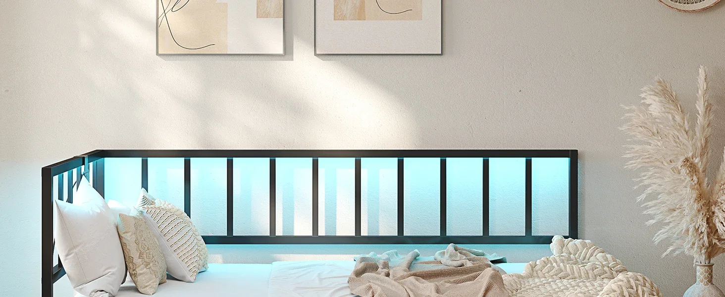 Corner Bed Frame Twin Size with LED Lights and Charging Station