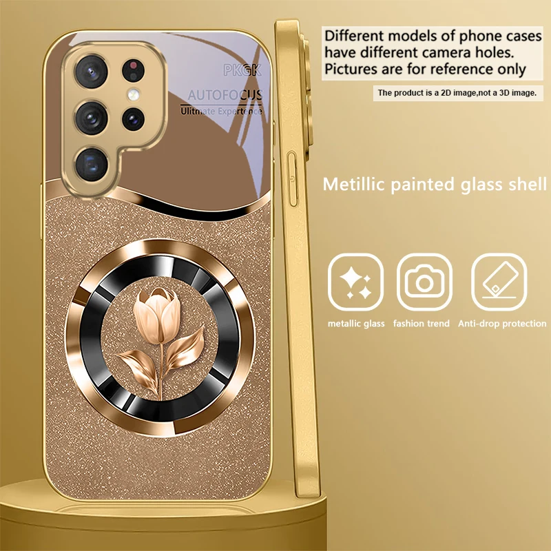 Golden Glass Phone Case with Exquisite Floral Design