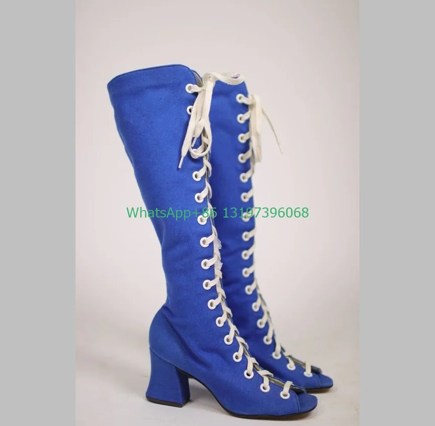 

Lady cowboy blue lace-up knee boots peep toe gothic blue color punk dress boots size 35-46 new arrive chunky heel boots footwear