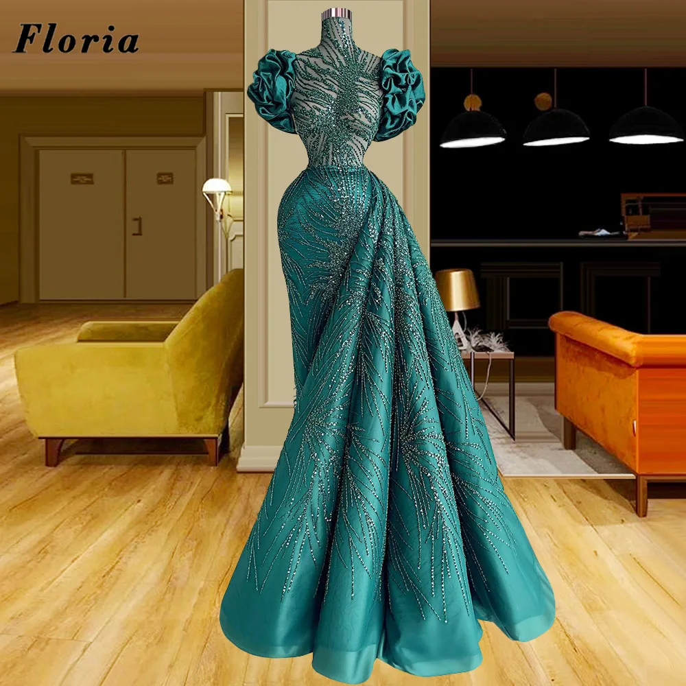 

Floria Capped Sleeves Prom Dresses Long Train Beaded Celebrity Party Dress Couture 2022 Women Weddings Evening Dress Custom Made