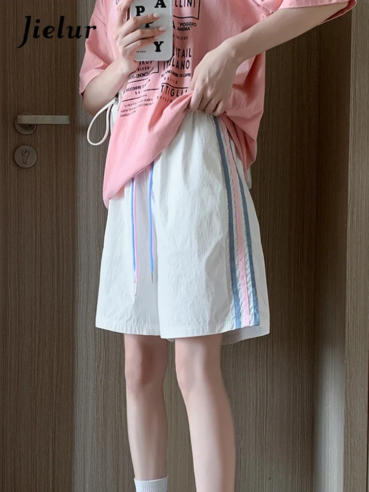 Jielur Side Stripe Pink Shorts Women Summer Loose Drawstring Sports Shorts High Waist Simple Wide Leg Casual Short Pants Female