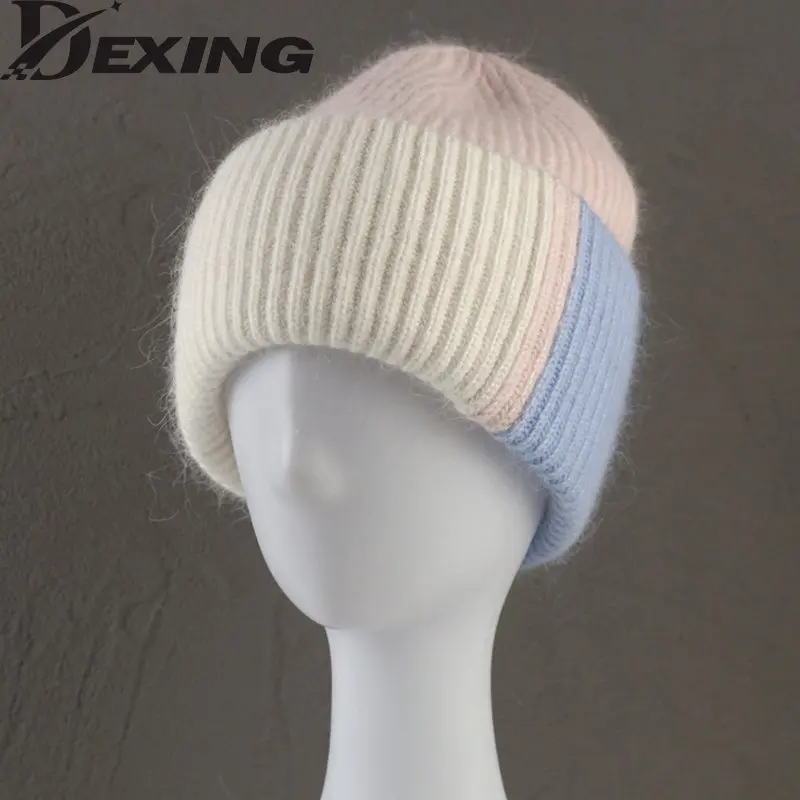 

New Color Matching Beanies for Women Rabbit Fur Soft Fluffy Winter Hat Lady Pinkycolor Warm Angora Knitted Hat Skullies Caps