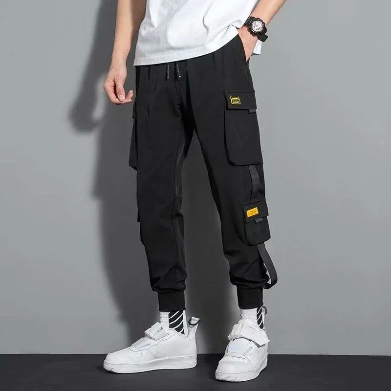 Pantalones cargo para hombre, negros, empalmados, para trekking, para hombre, estilo emo, de nailon, de diseñador callejero, estilo harén, de gran tamaño, estilo vintage, holgados, informales, a la mo