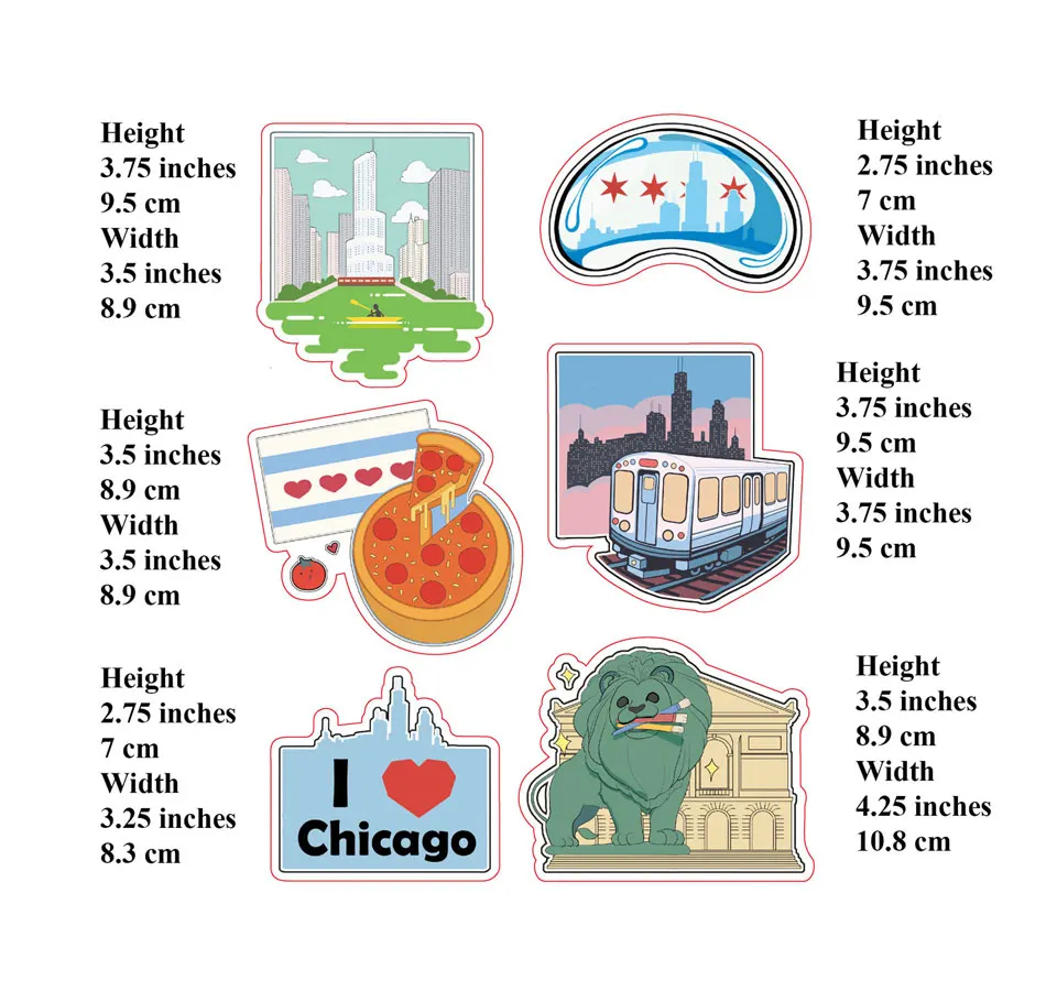MetroPulse &ndash; Chicago Sticker--"L" train, the Art Institute lion, Deep-dish Pizza, and the Cloud Gate (Bean)
