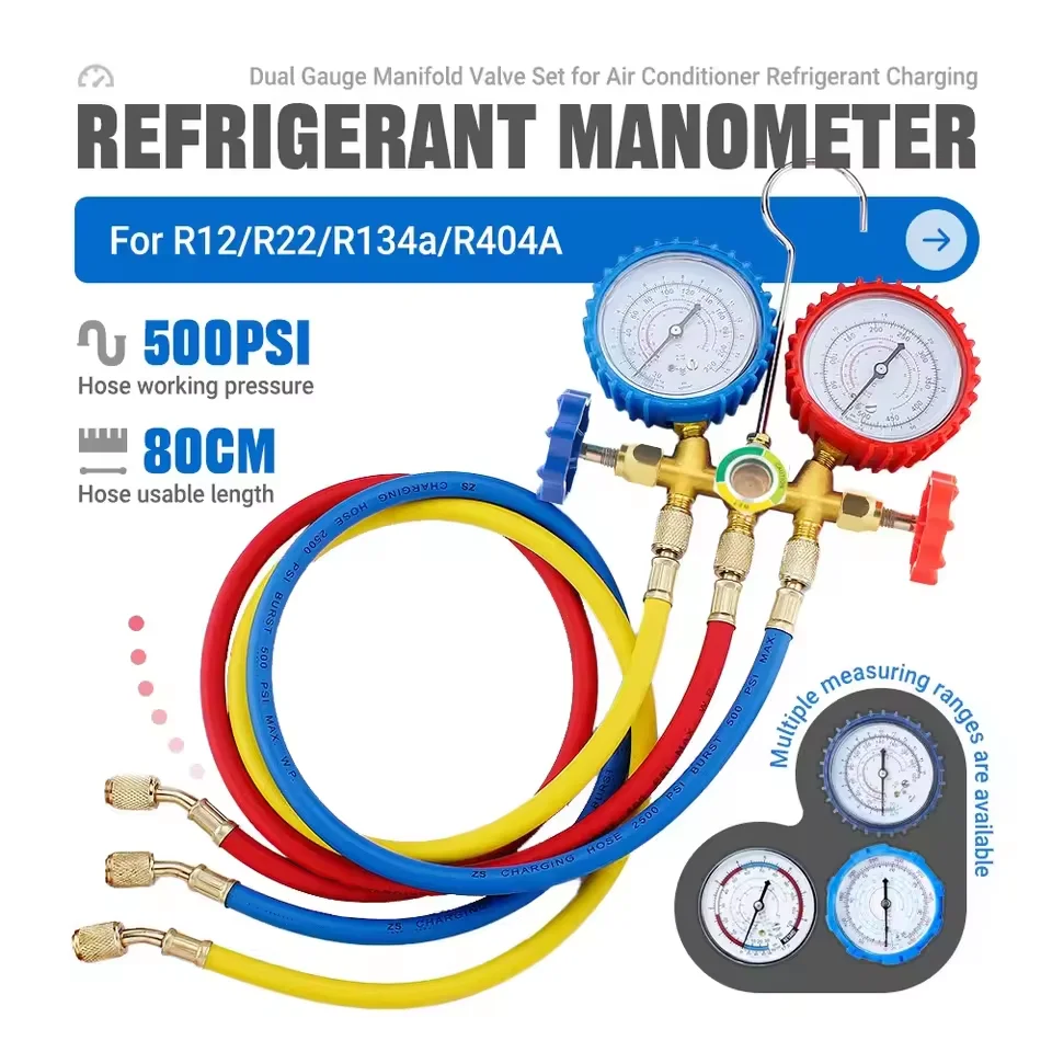 3-way Refrigerant Manifold Instrument R12/R22/R134a/R404A With 3 Hose & Hook For Automobile/Household Air Conditioning Service