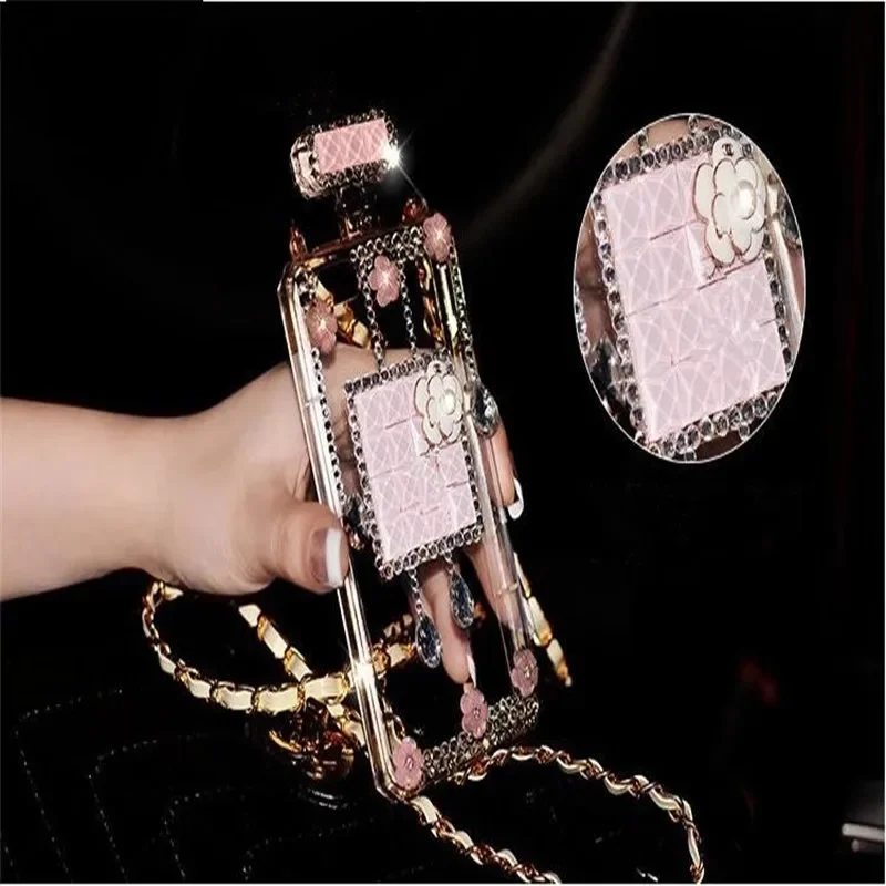 Diamond Perfume Bottle Phone Case with Rhinestone Chain, Luxury Glitter Bling, DIY, for iPhone 15, 14, 16, 12, 13 16Pro