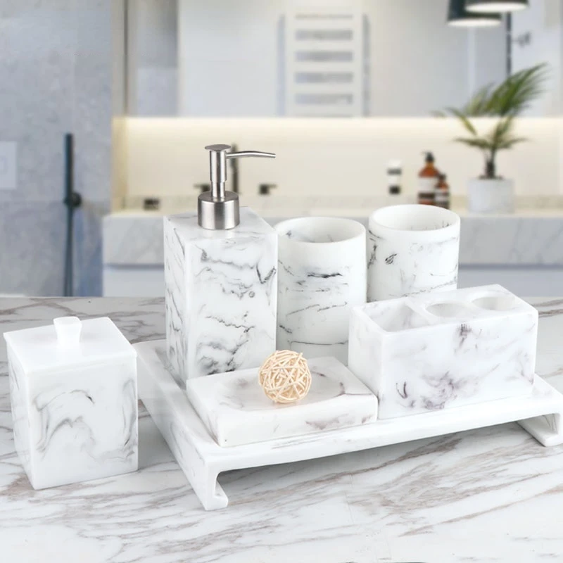 Bathroom-Toiletry-Set-Resin-Marble-Toothbrush-Holder-Mouthwash-Cup-Tray ...