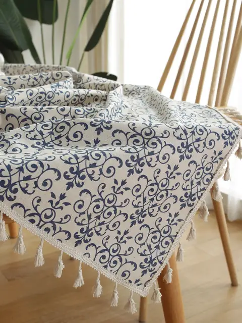 Mantel estampado de lino y algodón bohemio, mantel chino de porcelana azul y blanca para mesa occidental, picnic, fiesta