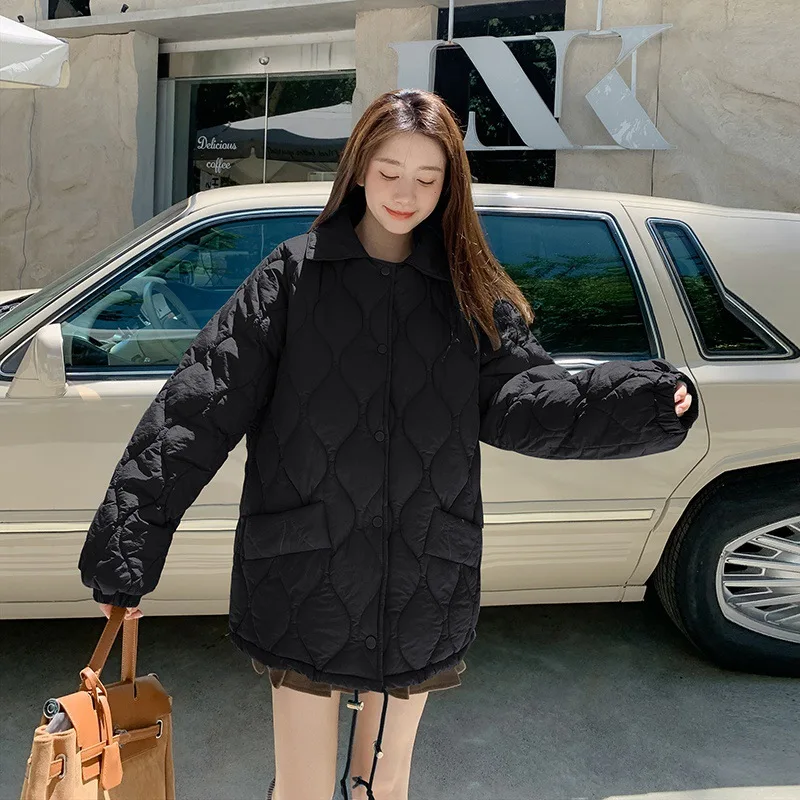 

Black Diamond Checkered Design Trendy Down Cotton Clothes for Women with Large Pockets 2023 New Winter Loose Cotton Jacket