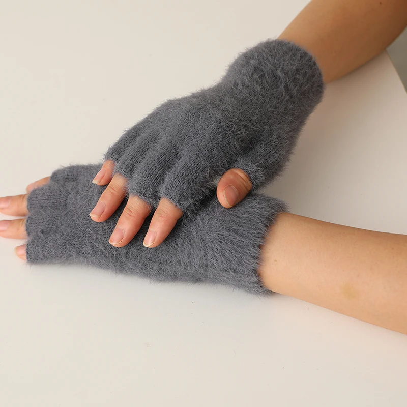 Mink Cashmere Autumn Winter Women Gloves Fingerless Warm Racoon Wool Mitten Wrist Length Thumb Hole Mitts Korean Female Lovely