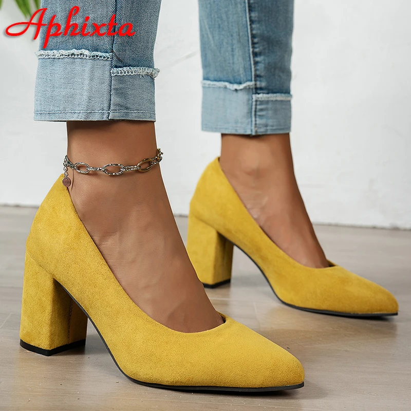 Aphixta Women Chunky Heel Pumps Flock Fashion Pointed Toe Blue Pink Yellow Official Shoes Big Size 42