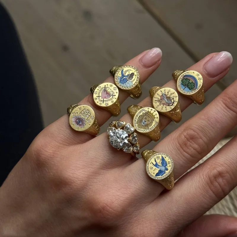 Exqusite Aesthetic Painted Rings for Women Men Luxury Gold Stainless Steel Wide Adjustable Finger Ring Party Jewelry