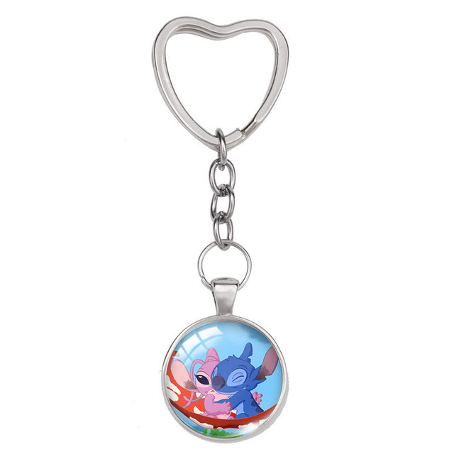 Lilo & Stitch Anime Figure Alloy Glass Heart-shaped Key Ring Key Chain Bag Accessories Children's Toys Birthday Gifts