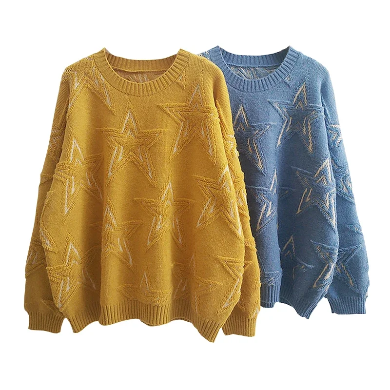 TEELYNN Yellow/blue/Beige Stars Pattern Jumpers Women Pullover