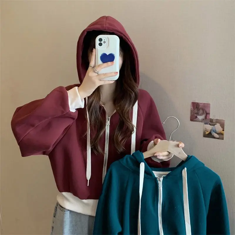 

American minimalist hooded drawstring sweater for women autumn new vintage color matching loose short sleeved jacket ins top
