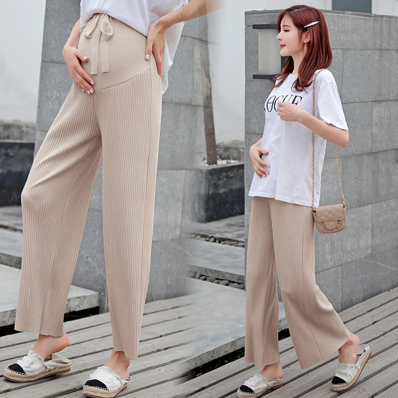 

619# Summer Thin Wide Leg Loose Straight Maternity Pants Adjustable Belly Pants Clothes for Pregnant Women Casual Pregnancy Wear