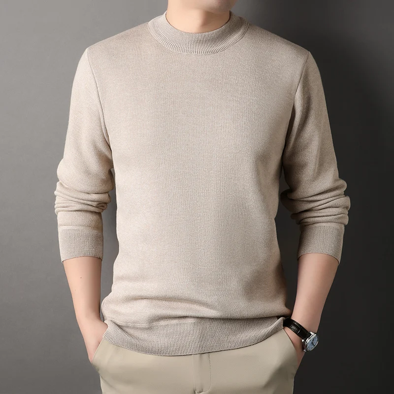 Mens Round Neck Sweater Fleeced Knitwear Solid Color Velvet Jumpers Slim Fit Elegant Luxury Brand Brown Knitted Sweaters 2