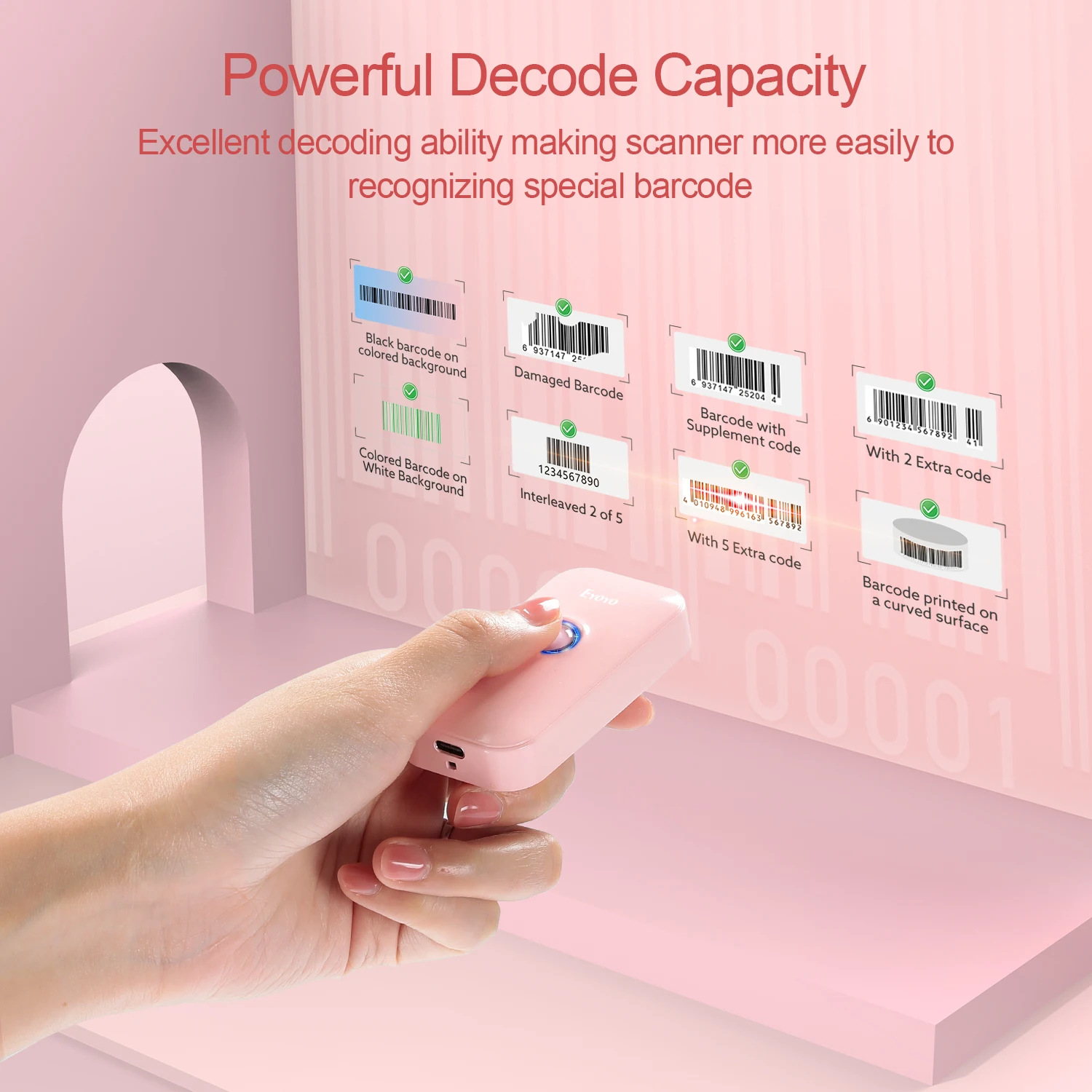 Eyoyo 1D Bluetooth Barcode Scanner Mini Pink For Women, Library Warehouse Portable Barcodes Scanning Support Windows iOS Android
