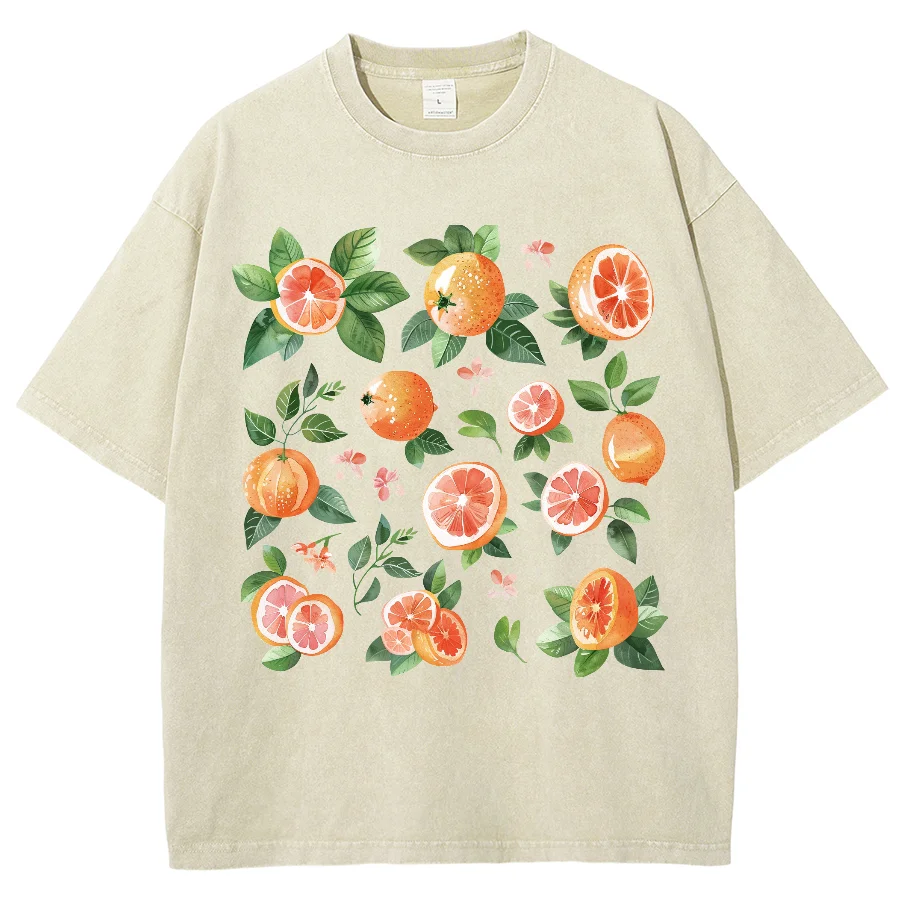 

Y2K Orange Cartoon Casual Washed Tshirt, Crop Fruits Pink Flowers Round Neck Tops Comfortable Oversized Vintage Unisex Plussize