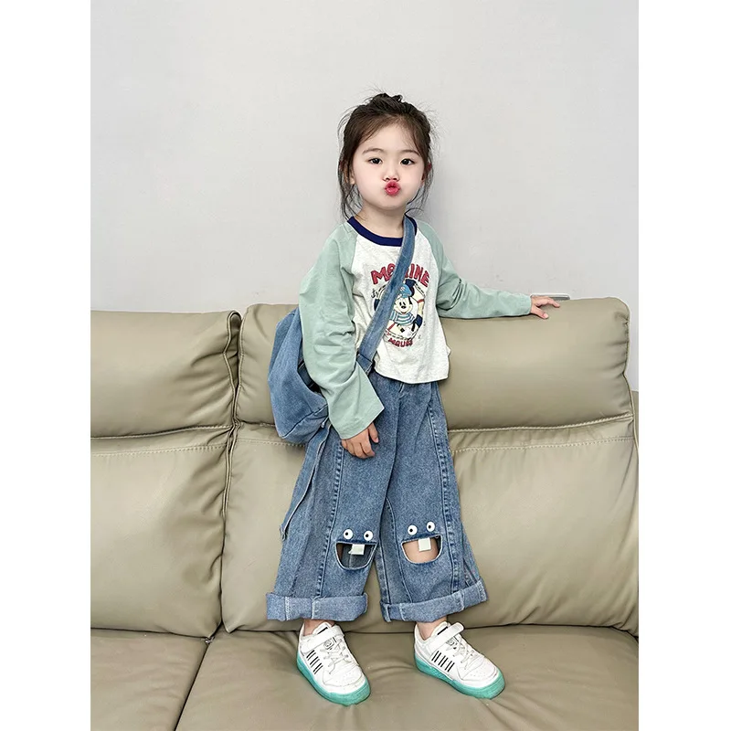 

Deer Girls' T-Shirt 2024 Autumn New Korean Cartoon Raglan Sleeve Backing Shirt Girl's Fashionable Short Top