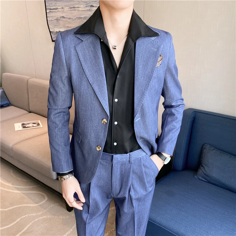 ( Jacket + Pants ) High End Men's Casual Business Suit Two-piece Set British Fashion Casual Suit Groom Wedding Dress Male