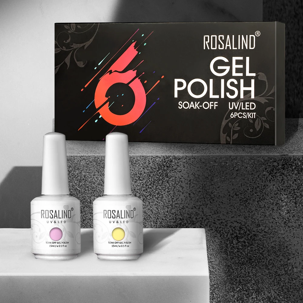 ROSALIND 15ML Gel Set 2/6PCS Nail Polish Set Semi Permanent Brights Colors Soak Off UV Gel Base Top Coat Nail Art Decoration 6