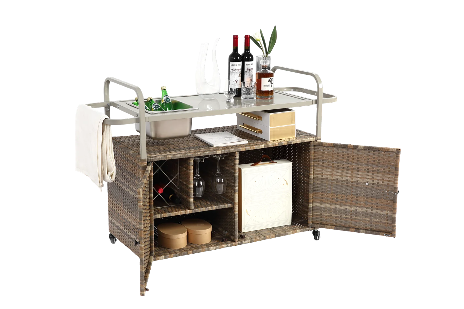 Outdoor Bar Table, Wicker Bar Cart with Cabinet, Patio Serving Cart with steel Top, icebucket, Side Basket, Lockable Wheels