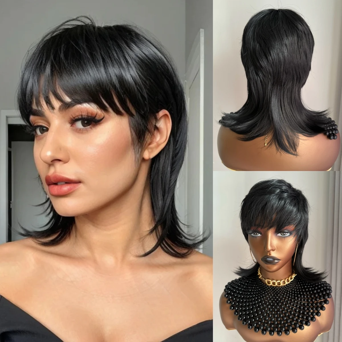 CUZ of HAIR Black Synthetic Short Straight Bob Pixie Cut Wigs Shaggy Layered 80s Mullet Wigs With Bangs For Black Women Daily