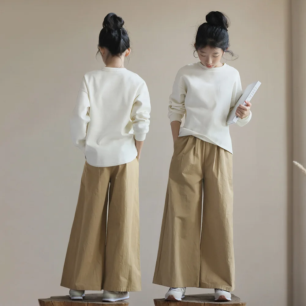 

Simple Autumn Winter Girls Pants Khaki Wide Leg Pants Sweatpants Trousers with Pockets Teenage Girls Clothing