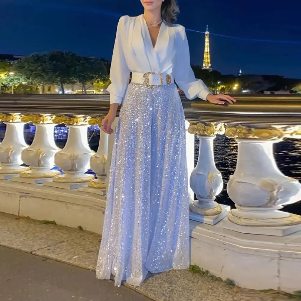 

Ladies Prom Jumpsuit Shiny Sequin Wide Leg Long Sleeve Low-cut V Neck Loose Lantern Sleeve Pleated Deep Crotch Temperament Party