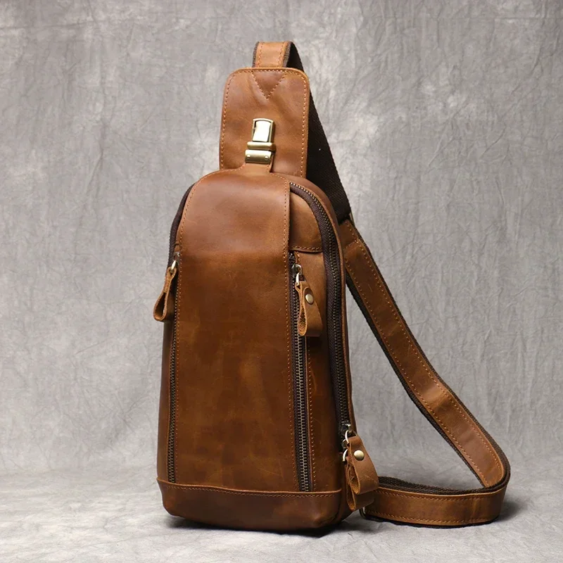 

New Crazy Horse Leather Chest Bag Vintage Genuine Leather Men's Bag Retro Casual Shoulder Satchel Bag Suitable for 7.9-inch iPad