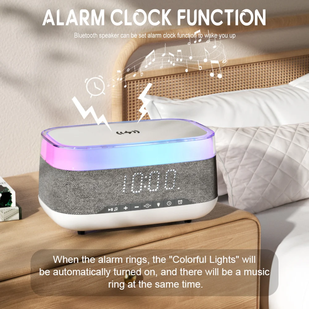 

Wireless Charging Clock Speaker With Color Lights Stereo Loudspeaker Stylish Small Amplifieds Speaker For Office Desk Home