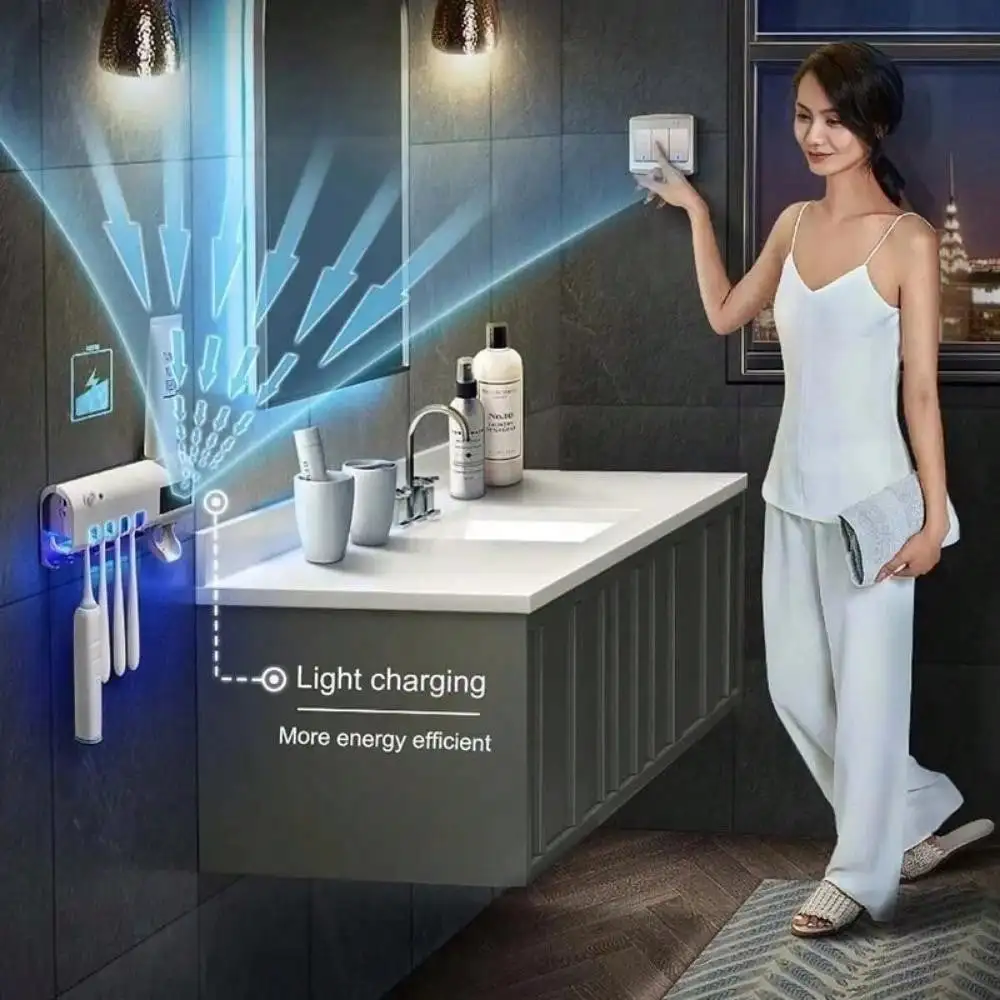 UV Toothbrush Sanitizer Holder Toothpaste Dispenser Wireless Charging & Solar Panel Revolutionize Oral Hygiene