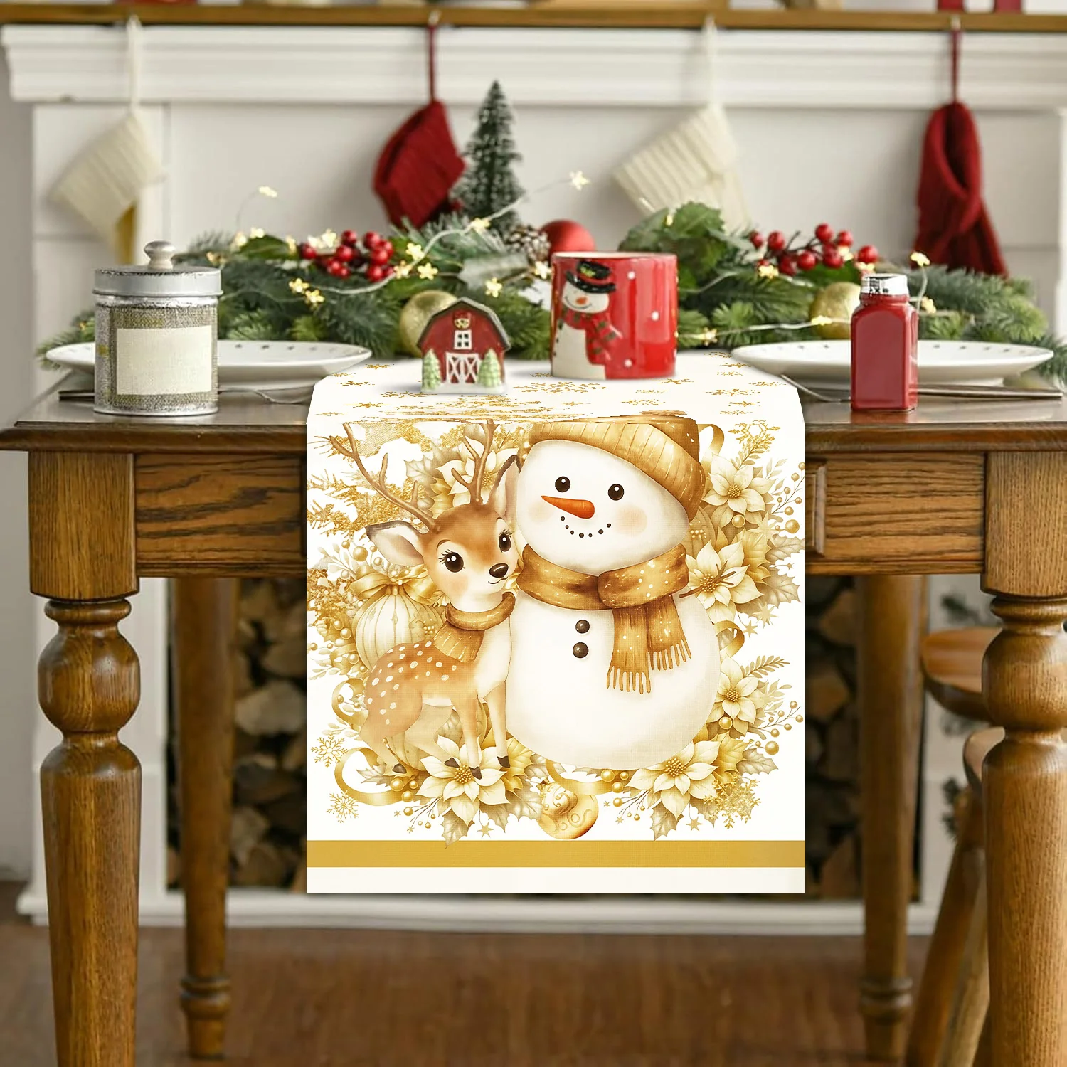 Weihnachtlicher Tischläufer aus Polyester/Leinen in Gold – ideal für Weihnachtsfeiern, Partys, Schneemann-, Elch- und Blumendekoration, winterliche Tischdekoration, Geschenkidee_voghion.com