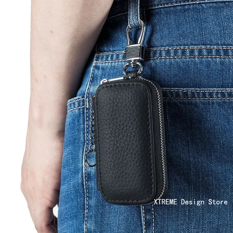 Key Case Genuine Leather Women's Car Key Case Fashion Lichee Pattern Leather Luxury Brand Design Men's Zipper Key Holder Bag