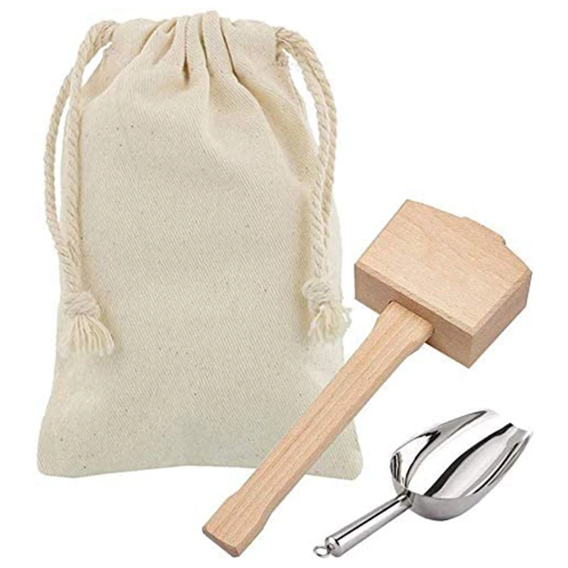 

Ice Mallet And Ice Bag - Wood Hammer And Cotton Linen Bag For Crushed Ice, Bartender Kit & Bar Tools Kitchen Accessory
