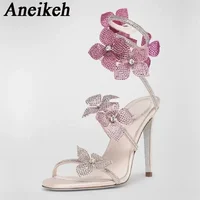 Aneikeh Sexy CRYSTAL Flower Narrow Band Ankle Strap Sandals Woman Thin High Heels Street Style  Pole Dancing Ladies Shoes - Image 3