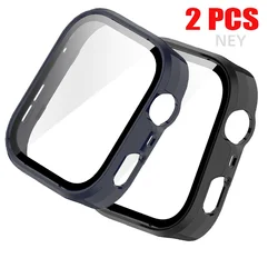 Premium Tempered Glass Protective Case - Anti - Scratch Screen Protector Bumper for Smartwatches (2 - Pack) (07 Blue  08 Black)