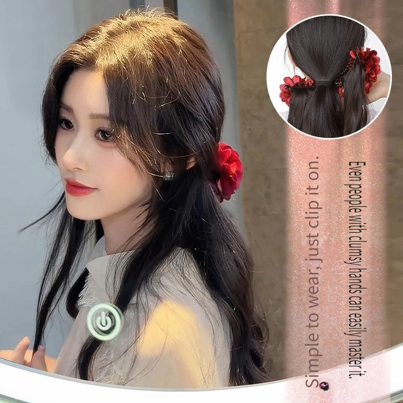 18Inch Water Wave Synthetic Claw Clip Ponytail Hair Extension With Red Flower Banana Clip Layered Ponytail for Women Daily Use