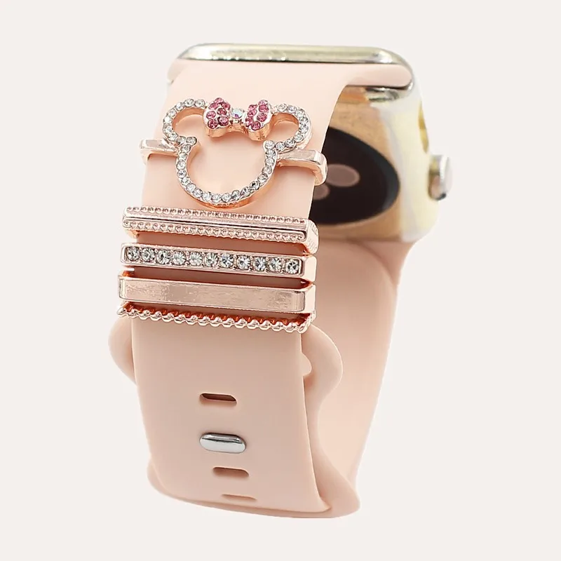 Watch Strap Charms 5pcs Cartoon Mouse Rhinestone Watchband Ring Loops Cute Metal Compatible With IWatch Series