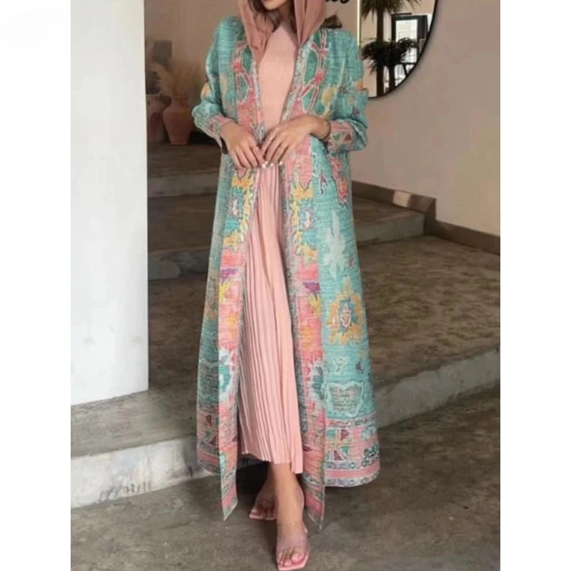 KAF Pleated Women Luxury Trench 2025 Spring Fall New Vintage Printed Cardigan Design Loose Large Size Arabian Female Abaya 1