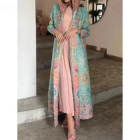 KAF Pleated Women Luxury Trench 2025 Spring Fall New Vintage Printed Cardigan Design Loose Large Size Arabian Female Abaya 1