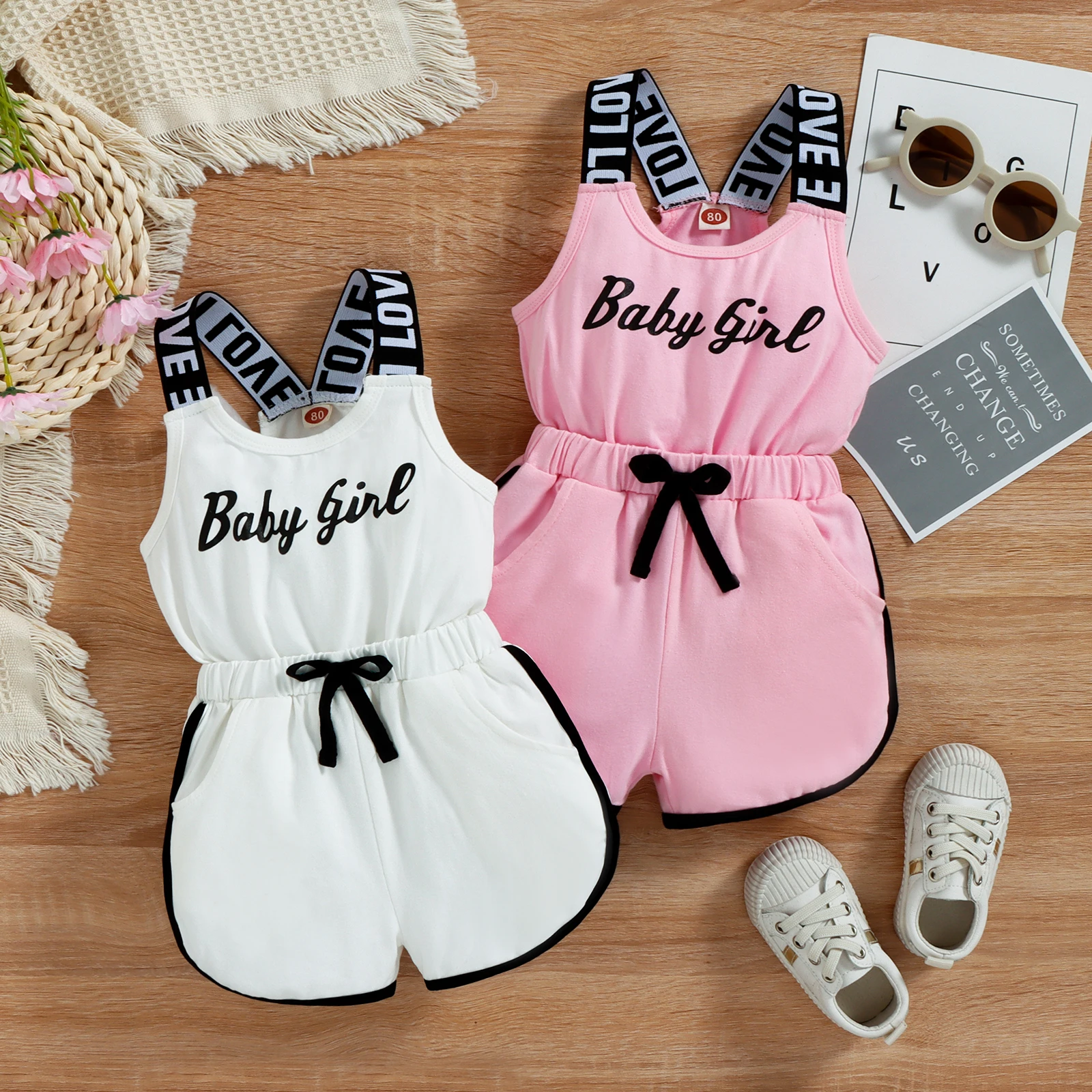 Toddler Kids Baby Girls Summer Romper, Sleeveless Crew Neck Letter Print Short Jumpsuit Elastic Waist Clothes 9M-4T 1