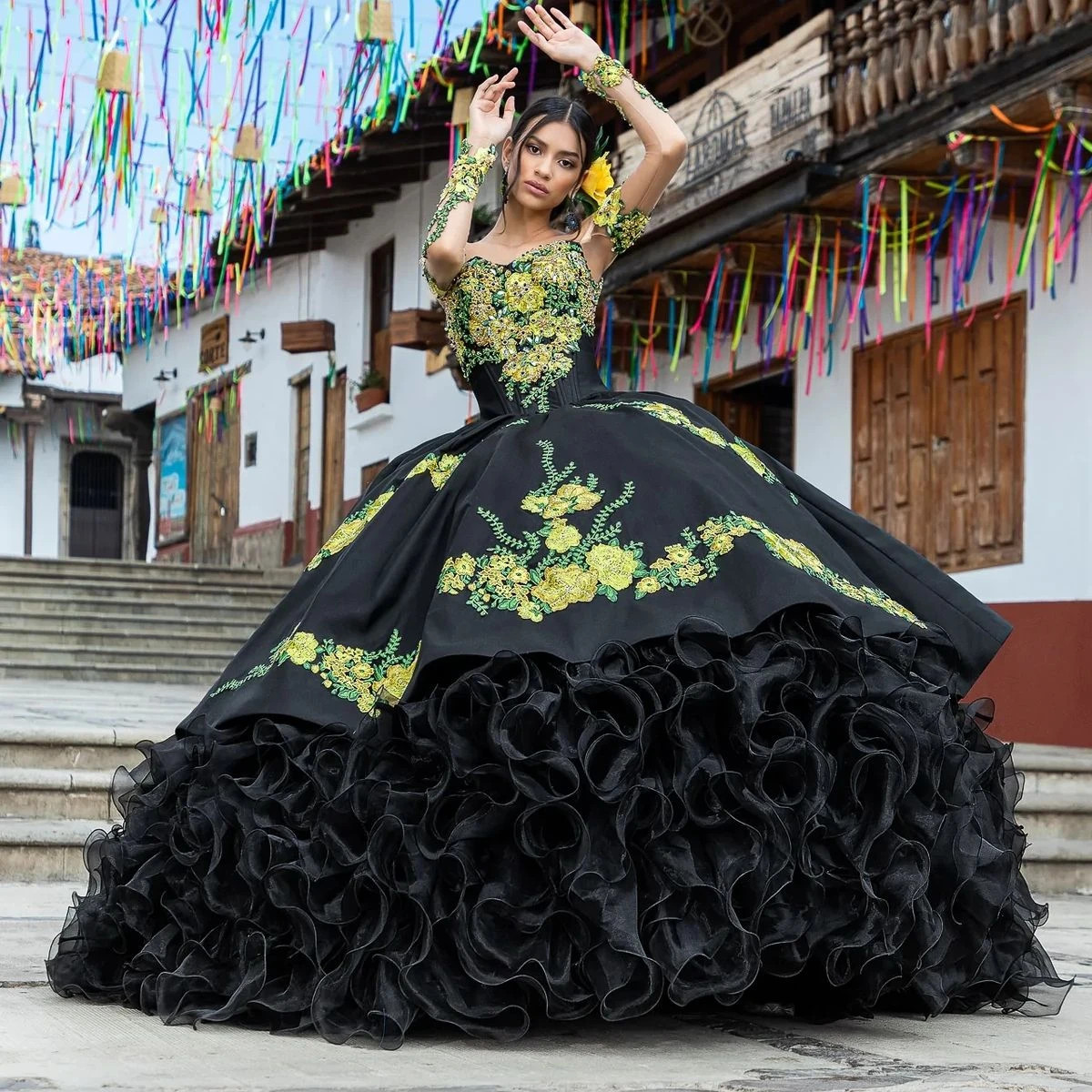 Vestidos de Quinceañera de Charro negro, vestido de baile de manga larga,  apliques de Organza con cuentas, dulce mexicano, 16 vestidos, 15 años| | -  AliExpress